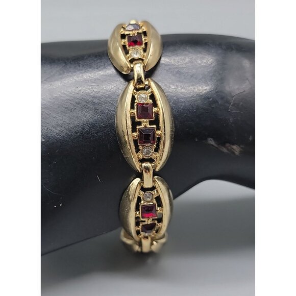 Gold Plated Oval Link Rhinestone Tennis Bracelet Red & Clear Glass Stones SZ 7 - Picture 4 of 12